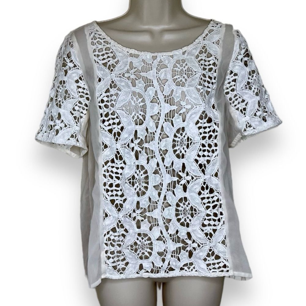 American Eagle Outfitters Lace Chiffon Open Button Back Cream Top Women Large